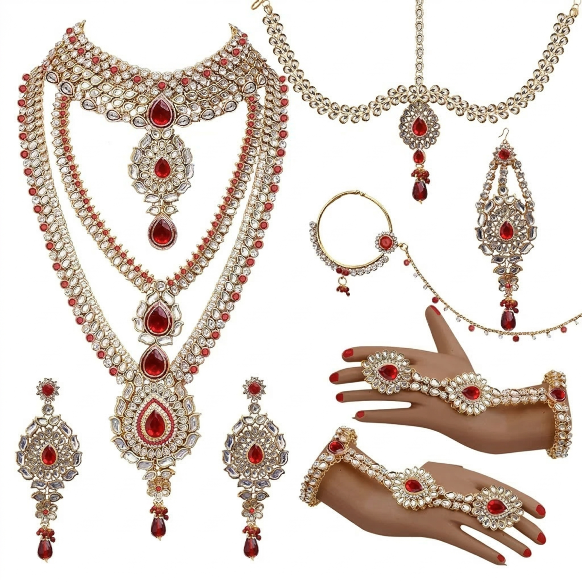 Lucky Jewellery Gold Plated Red Kundan & Pearl Dulhan Bridal Combo Set